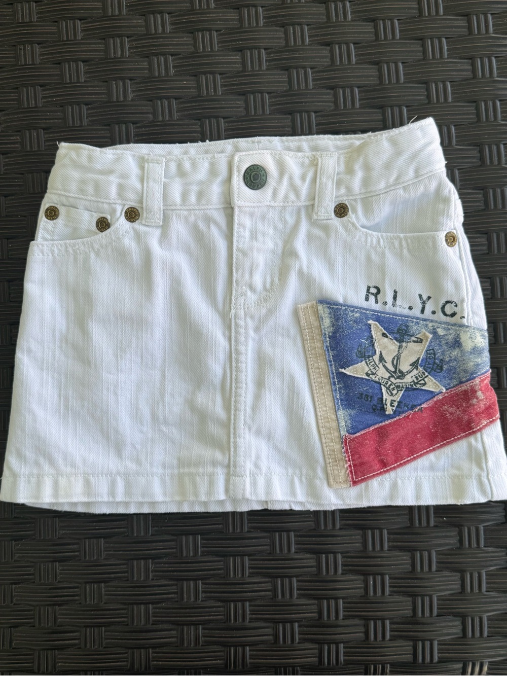 EUC 3/3T Polo Ralph Lauren Girls White Denim Jean Mini Skirt Nautical Patch
